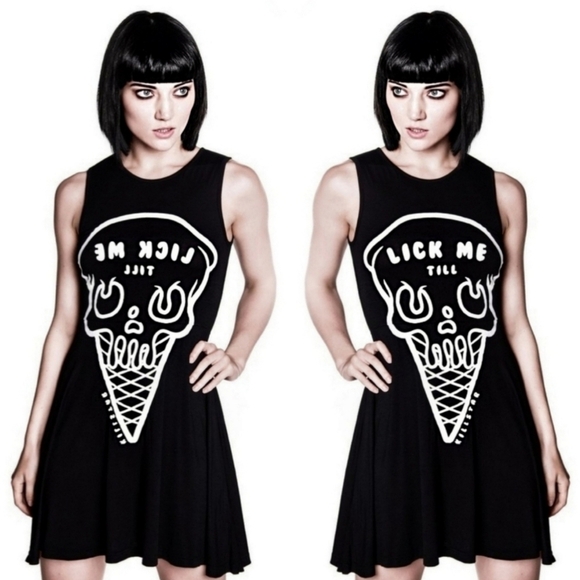 KILLSTAR ✦ “iScream” Skater Dress ✦ Gothic Black Flock Skull Graphic Soft Jersey - Picture 9 of 15